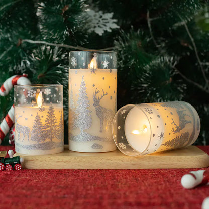 LED Glass Candles with Christmas Design in Glass Cups